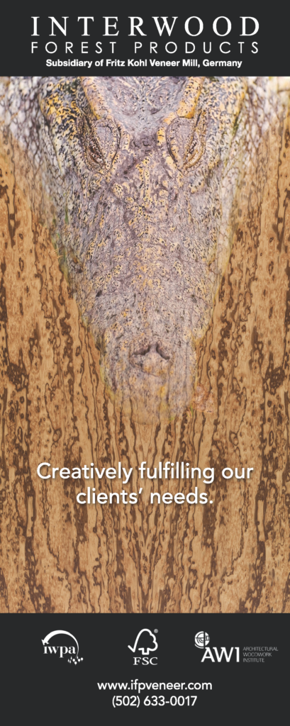 artwork melding a Nile Crocodile with a birdseye Zebrawood veneer with the text "creatively fulfilling our clients' needs."
