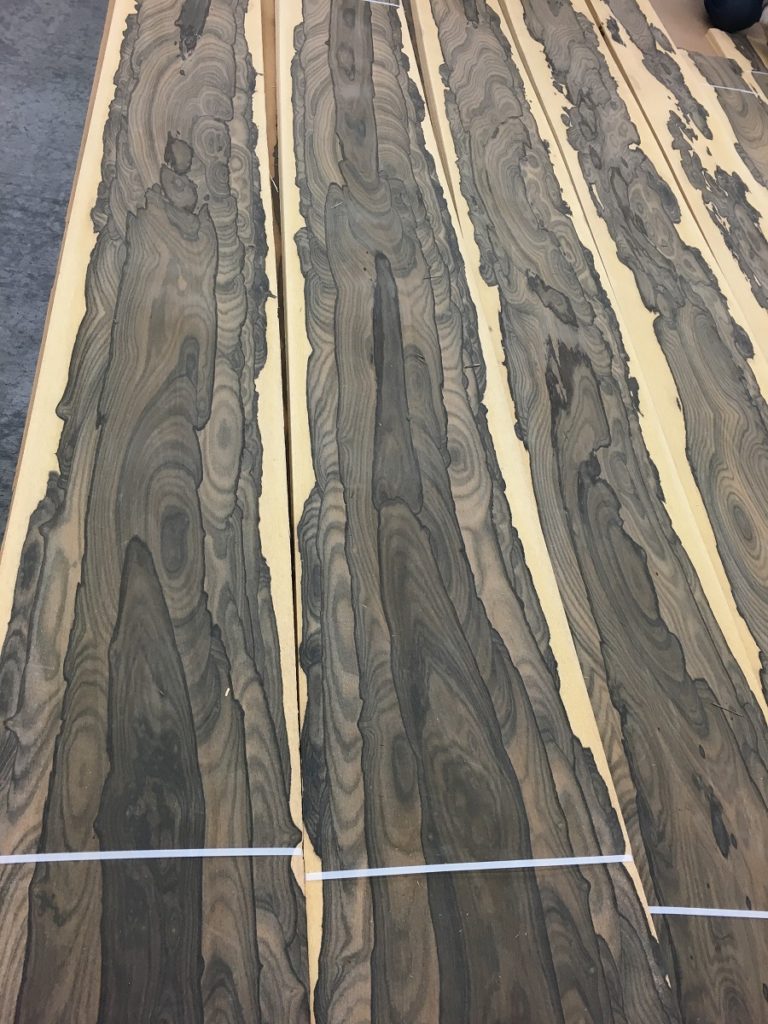 A sampling of Ziricote with only small edges of sapwood and elongated cathedral grain.
