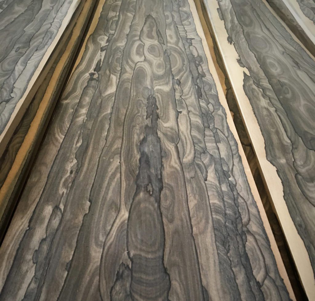 Flatcut Ziricote wood veneer with minimal sap and strong grain pattern.