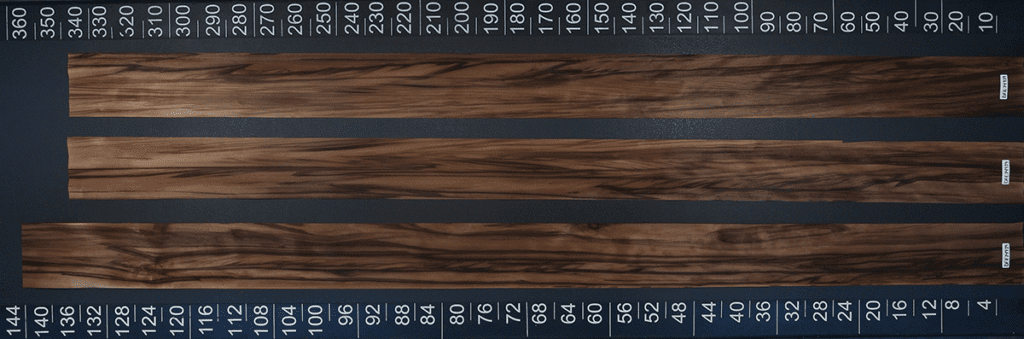 Three samples of Fumed Red Gum displayed with measurements.